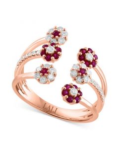 Ruby (1/2 ct. t.w.) & Diamond (3/8 ct. t.w.) Three Row Flower Cuff Ring in 14k Rose Gold