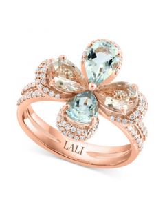 Morganite (1-1/3 ct. t.w.), Aquamarine (1-1/4 ct. t.w.), & Diamond (1/3 ct. t.w.) Flower Ring in 14k Rose Gold