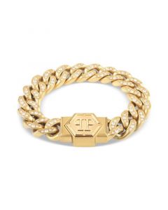 Gold-Tone IP Stainless Steel Hexagon Logo Pavé Cuban Link Bracelet