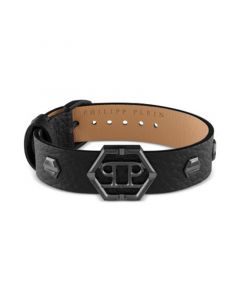 Gunmetal IP Stainless Steel Logo Leather Flex Bracelet