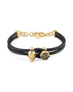 Gold-Tone IP Stainless Steel 3D $kull & Logo Leather Flex Bracelet