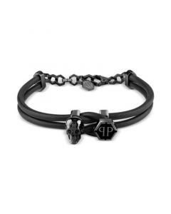 Black-Tone Stainless Steel 3D $kull & Logo Leather Flex Bracelet