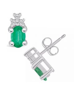 Emerald (1 Ct. t.w.) and Diamond (1/10 Ct. t.w.) Stud Earrings