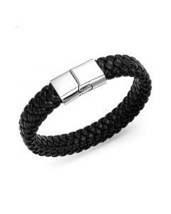 Men's Stainless Steel Clasp and Black Braided Leather Bracelet