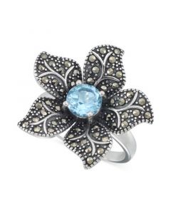 Blue Topaz (1 ct. t.w.) & Marcasite Flower Ring in Sterling Silver