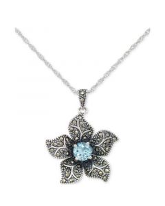 Blue Topaz (1 ct. t.w.) & Marcasite Flower 18" Pendant Necklace in Sterling Silver