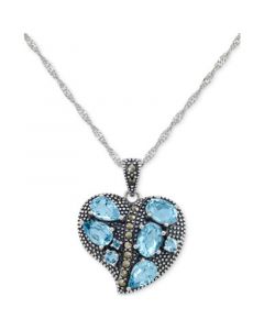 Blue Topaz (2-1/10 ct. t.w.) & Marcasite Heart Cluster 18" Pendant Necklace in Sterling Silver