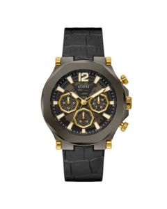 Men's Multi-Function Black and Gunmetal Genuine Leather and Silicone Watch 46mm