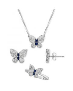 3-Pc. Set Lab-Created White Sapphire (2-1/5 ct. t.w.) & Lab-Created Blue Sapphire (1/4 ct. t.w.) Butterfly Pendant Necklace, Stud Earrings, and Ring in Sterling Silver