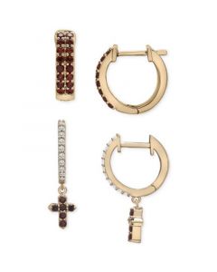 2-Pc. Set Garnet (1/2 ct. t.w.) & Lab-Created White Sapphire (1/4 ct. t.w.) Hoop & Cross Dangle Hoop Earrings set in 14k Gold-Plated Sterling Silver