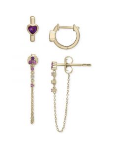 2-Pc. Set Amethyst (5/8 ct. t.w.) & Lab-Created White Sapphire (1/20 ct. t.w.) Hoop & Chain Drop Earrings in 14k Gold-Plated Sterling Silver