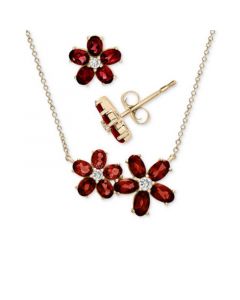 2-Pc. Set Garnet (4-3/4 ct. t.w.) & White Topaz (1/4 ct. t.w.) Flower Pendant Necklace & Matching Stud Earrings in 14k Gold-Plated Sterling Silver