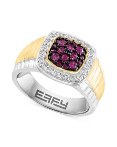 EFFY® Men's Ruby (1/2 ct. t.w.) & White Topaz (3/8 ct. t.w.) Halo Ring in Sterling Silver and 14k Gold-Plate