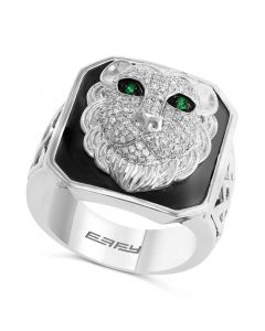 EFFY® Men's Diamond (1/2 ct. t.w.) & Emerald Accent Black Enamel Lion Ring in Sterling Silver