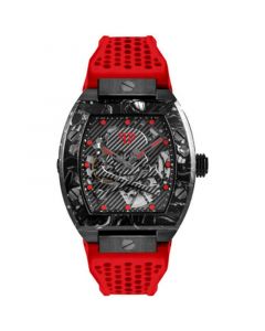 Men's Automatic The $keleton Sport Master Red Perforated Silicone Strap Watch 44x56mm