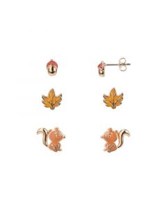 Gold-Tone Squirrel, Leaf and Acorn Trio Earring Set, 6 Pieces