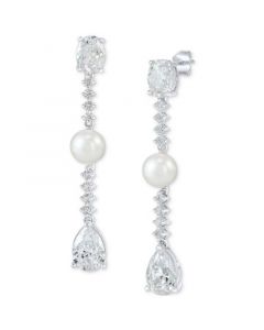 Cultured Freshwater Button Pearl (7 - 7-1/2mm) & Cubic Zirconia Drop Earrings in Sterling Silver