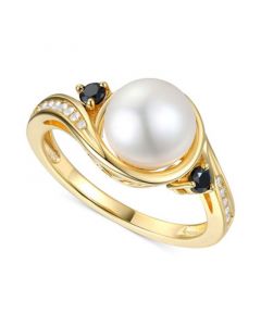 Cultured Freshwater Pearl (8mm), Onyx, & Diamond (1/20 ct. t.w.) Ring in 10k Gold