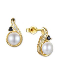 Cultured Freshwater Pearl (6mm), Onyx, & Diamond Earrings in 10k Gold