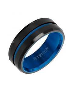 Men's Brushed Finish Wedding Band in Black & Blue Tungsten Carbide