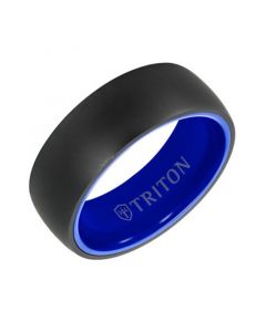 Men's Rounded Edge Wedding Band in Blue Ceramic & Raw Black Tungsten Carbide