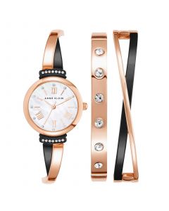 Women's Rose Gold-Tone and Black Alloy Bangle with Crystal Accents Fashion Watch 33mm Set 3 Pieces