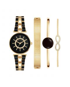 Women's Gold-Tone Alloy Bracelet with Black Enamel and Crystal Accents Fashion Watch 34mm Set 4 Pieces