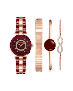 Women's Rose Gold-Tone Alloy Bracelet with Burgundy Enamel and Crystal Accents Fashion Watch 34mm Set 4 Pieces