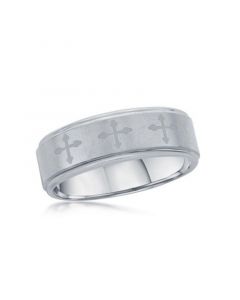 Mens Brushed & Polished Tungsten Ring - Cross Design