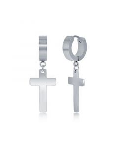 Mens Stainless Steel Cross Charm Huggie Hoop Earrings