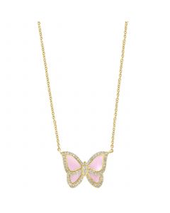 EFFY® Diamond (1/4 ct. t.w.) & Pink Enamel Butterfly Pendant Necklace in 14k Gold, 16-3/4" + 1-1/4" extender