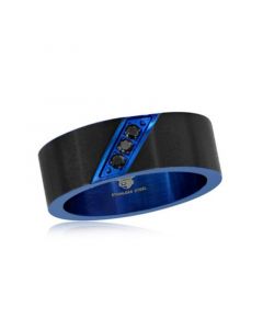 Mens Stainless Steel Black and Blue CZ Ring