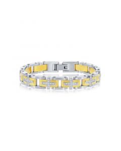 Mens Stainless Steel Two-Tone CZ Cross Link Bracelet