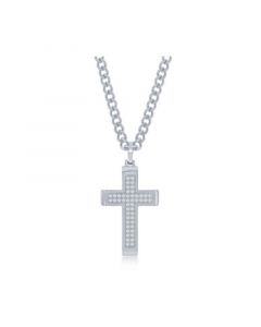 Mens Stainless Steel Polished CZ Cross Necklace