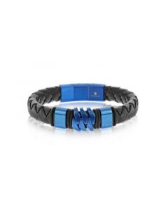 Mens Blue Stainless Steel Genuine Black Leather Bracelet