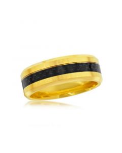 Mens Stainless Steel Black Carbon Fiber Ring - Gold Plated