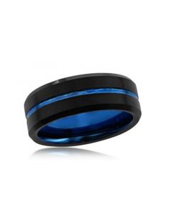 Mens Black Polished Blue Stripe Tungsten Ring