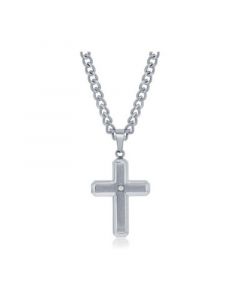 Mens Stainess Steel Brushed Polished w/ CZ Cross Necklace