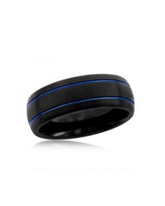 Mens Black and Blue Double Stripe Tungsten Ring