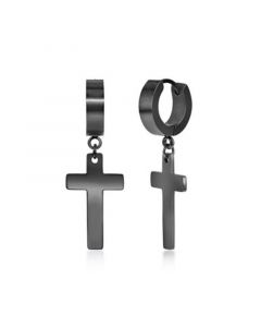 Mens Stainless Steel Cross Charm Polished Huggie Hoop Earrings - Black Plated