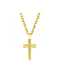 Mens Stainless Steel CZ Cross Necklace - Gold Plated