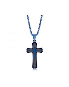 Mens Stainless Steel Black Blue 3D Cross Necklace