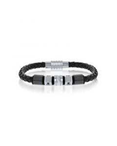 Mens Stainless Steel Two-Tone w/ Black CZ Genuine Leather Bracelet