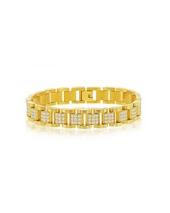 Mens Stainless Steel CZ Square Link Bracelet - Gold Plated