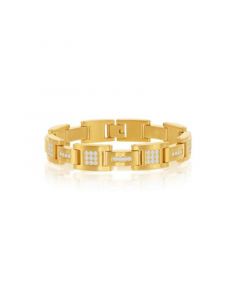 Mens Stainless Steel Matte CZ Link Bracelet - Gold Plated