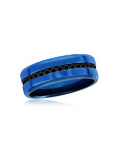 Mens Stainless Steel Black CZ Eternity Band Ring - Blue Plated