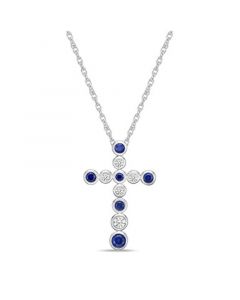 Sterling Silver Created Blue and Created White Sapphire (7/8 ct. t. w.) Bezel Set Cross Pendant Necklace