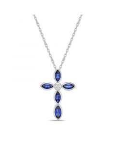 Sterling Silver Simple 1 7/8 (ct. t. w.) Created Ceylon Blue Sapphire and Created White Sapphire Marquise Bezel Set Cross Pendant Necklace