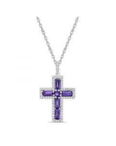 Sterling Silver Halo Birthstone Style Genuine Amethyst and White Topaz Fancy Cut Cross Pendant Necklace