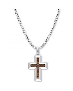 Chocolatier® Men's Chocolate Diamond Cross 22" Pendant Necklace (1/3 ct. t.w.) in Sterling Silver & 14k Rose Gold-Plate